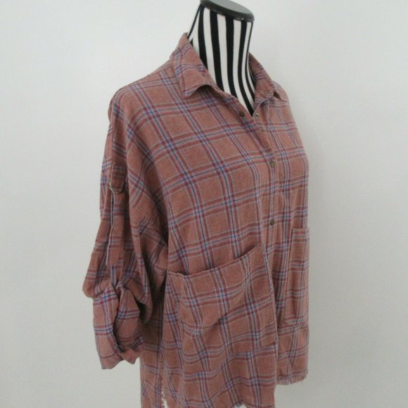 Umgee Plaid Button Down Shirt in Rust and Blue - Picture 5 of 8